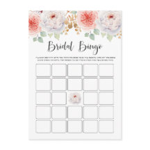 Peach Peonies and Gold Blätter Brautparty Bingo