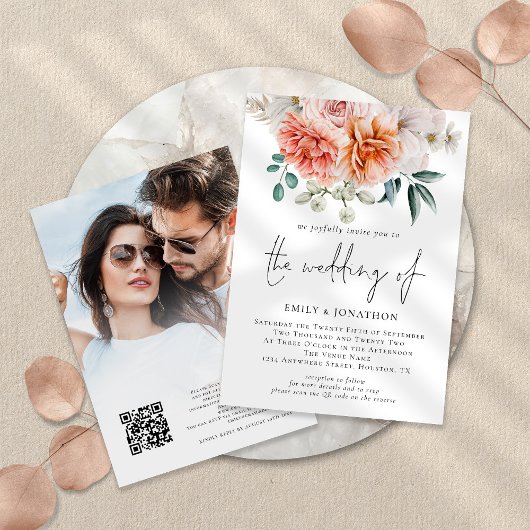 Peach Peonies Florals Foto QR Hochzeit Einladung