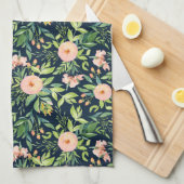 Peach Peonies on Dark Blue Kitchen Handtuch (Viertel Falte)