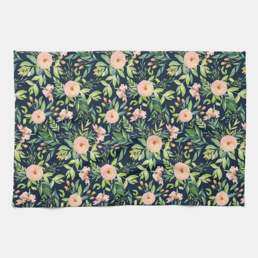 Peach Peonies on Dark Blue Kitchen Handtuch (Horizontal)