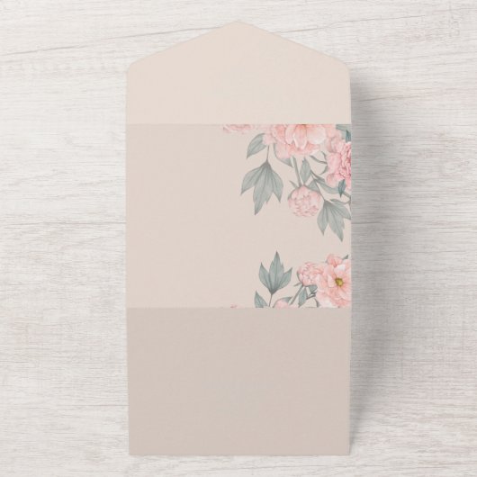Peach Peonies Sage Floral Budget Hochzeit All In One Einladung (Außenbereich)