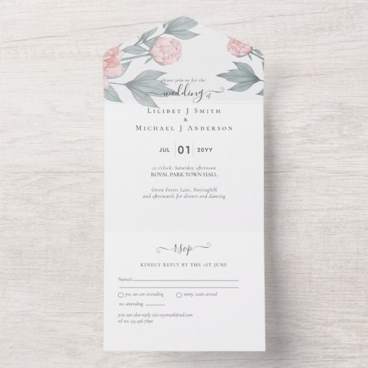 Peach Peonies Sage Floral Budget Hochzeit All In One Einladung (Innen Boden)