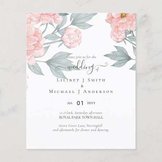 Peach Peonies Sage Floral Budget Hochzeit Flyer (Vorne)