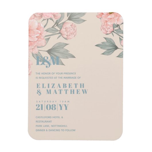 Peach Peonies Sage Floral Budget Hochzeit Magnet (Vertikal)