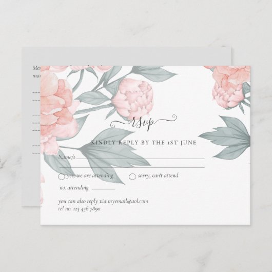 Peach Peonies Sage Floral Budget Hochzeit RSVP Postkarte (Vorne/Hinten)