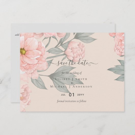 Peach Peonies Sage Floral Wedding Rett Dates Postkarte (Vorne/Hinten)
