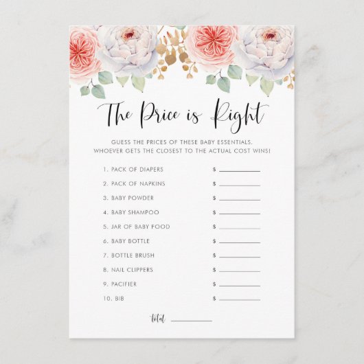 Peach Peonies und Gold Blätter Raten Sie das Preis Begleitkarte (Vorderseite)