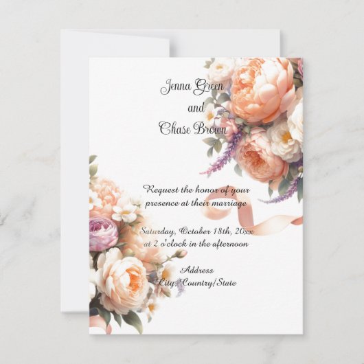 Peach Peonies und Rose Einladung Hochzeit (Vorderseite)