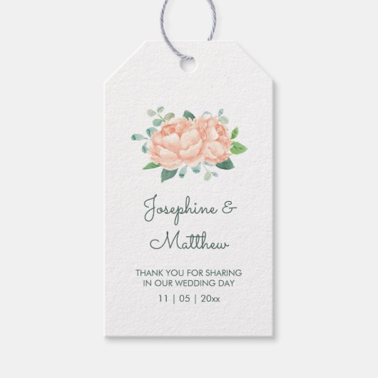 Peach Peonies Wasserfarbene Gastgeschenk Hochzeit Geschenkanhänger (Vorderseite)
