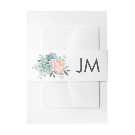 Peach Peony Blume Succulents Wedding Monogram Einladungsbanderole (Vorderseite Beispiel)