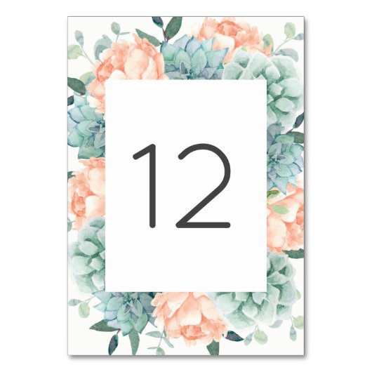 Peach Peony Blume Succules Tischnummer (Rückseite)