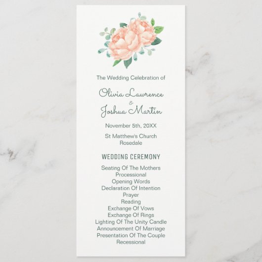Peach Peony & Eukalyptus Weddingprogramme Programm (Vorderseite)