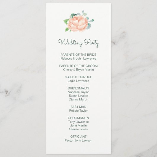 Peach Peony & Eukalyptus Weddingprogramme Programm (Rückseite)