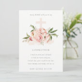Peach Peony Floral Cross Godmutter Vorschlag Einla Dankeskarte (Stehend Vorderseite)