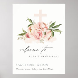 Peach Peony Floral Cross Taufe Begrüßung Poster