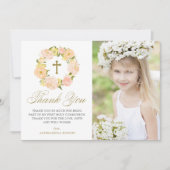 Peach Peony Wreath Erster Kommunion Foto Dankeskarte (Vorderseite)