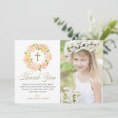 Peach Peony Wreath Erster Kommunion Foto Dankeskarte (Stehend Vorderseite)