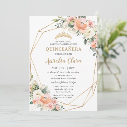 Peach Pink Blush Elfenbeinblume 15. Quinceañera Einladung (Stehend Vorderseite)
