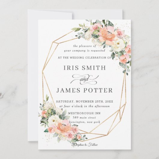 Peach Pink Blush Elfenbeinblume Hochzeitgeometrie Einladung (Vorderseite)