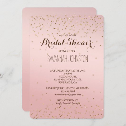 Peach Pink Blush Gold Glitz Confetti bridi Einladung (Vorne/Hinten)