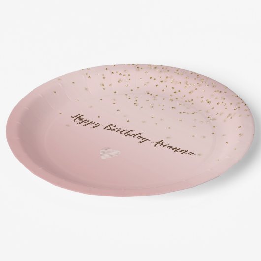 Peach Pink Blush Gold Glitz Confetti Sparkle Herz Pappteller (Schrägansicht)
