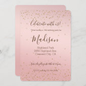 Peach Pink Blush Gold Glitz Confetti Sparkone Einladung (Vorne/Hinten)