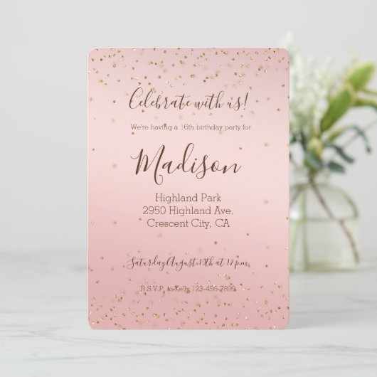 Peach Pink Blush Gold Glitz Confetti Sparkone Einladung (Stehend Vorderseite)