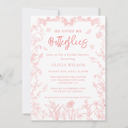 Peach Pink Butterfets Chinoiserie Brautparty Einladung (Vorderseite)