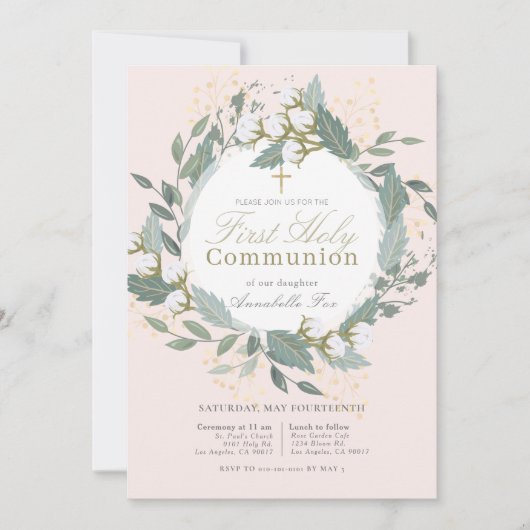 Peach Pink Cotton Wreath Erste Heilige Kommune Einladung (Vorderseite)
