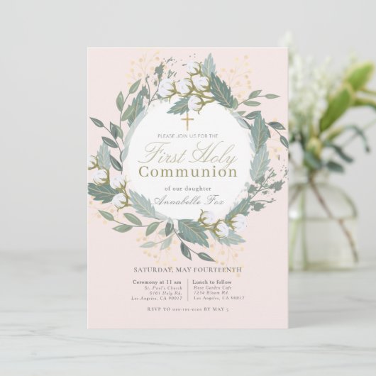 Peach Pink Cotton Wreath Erste Heilige Kommune Einladung (Stehend Vorderseite)