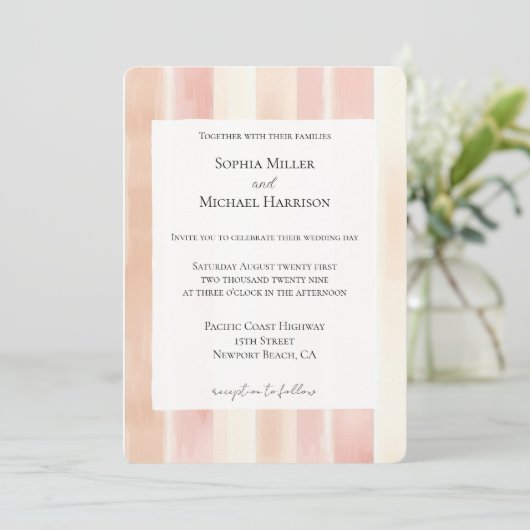 Peach Pink Cream Stripes Wedding Einladung (Stehend Vorderseite)