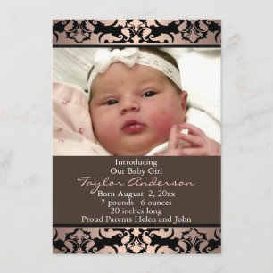 Peach Pink Damask Foto Geburtsankündigung Ankündigung