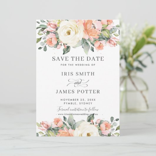 Peach Pink ElfenbeinblumenWedding Save the Date Ca Einladung (Stehend Vorderseite)