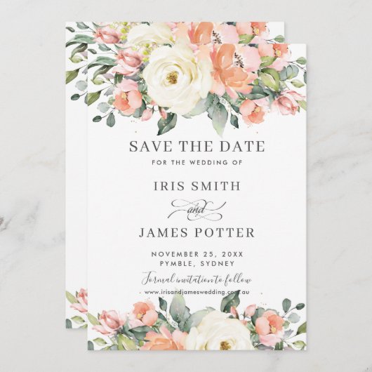 Peach Pink ElfenbeinblumenWedding Save the Date Ca Einladung (Vorne/Hinten)