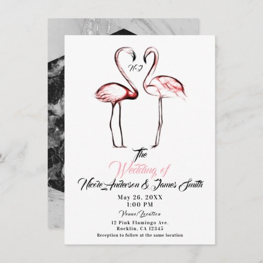 Peach Pink Flamingos Flamingo Black Marble Wedding Einladung (Vorne/Hinten)