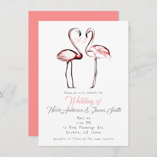 Peach Pink Flamingos Flamingo Elegante Wedding Einladung (Vorne/Hinten)