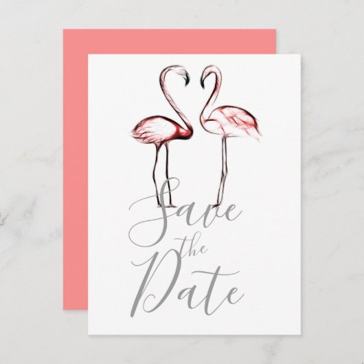 Peach Pink Flamingos Flamingo Marble Save the Date Ankündigungspostkarte (Vorne/Hinten)
