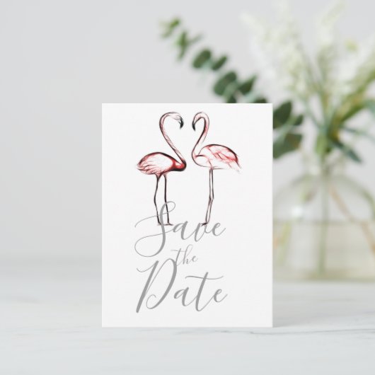 Peach Pink Flamingos Flamingo Marble Save the Date Ankündigungspostkarte (Stehend Vorderseite)