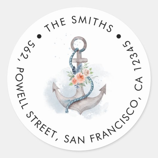Peach Pink Floral Anchor Rücksendeadresse Runder Aufkleber (Vorderseite)