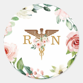 Peach Pink Floral Caduceus Gold RN Graduate Runder Aufkleber