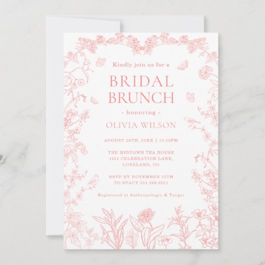 Peach Pink Garden Chinoiserie Bridal Brunch Einladung (Vorderseite)
