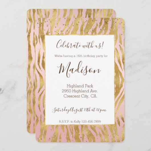 Peach Pink Gold Glitz Sparkle Zebra Print Einladung (Vorne/Hinten)