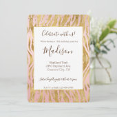Peach Pink Gold Glitz Sparkle Zebra Print Einladung (Stehend Vorderseite)