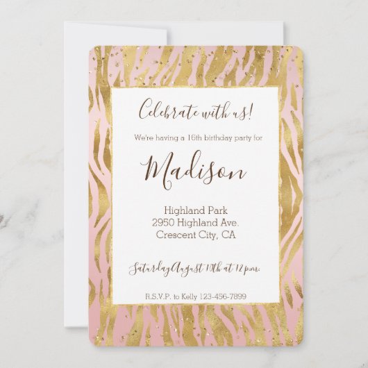 Peach Pink Gold Glitz Sparkle Zebra Print Einladung (Vorderseite)