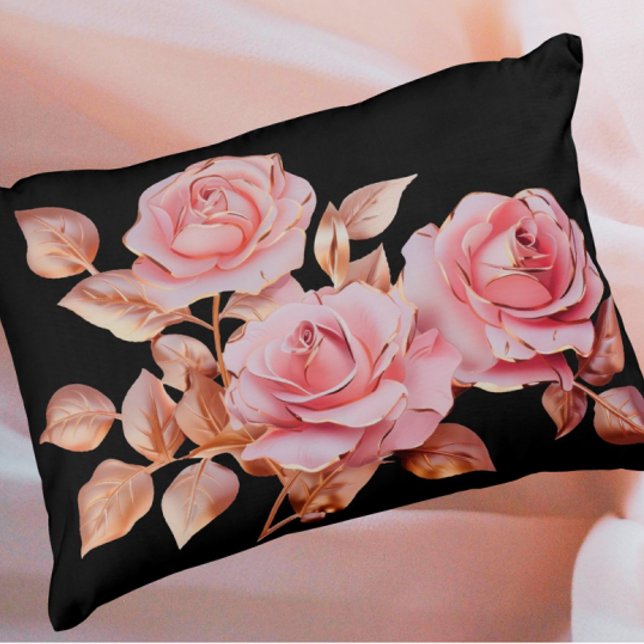 Peach Pink Gold Roses on Black Dekokissen (Peach pink gold vintage roses on black background.)
