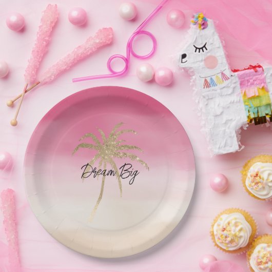 Peach Pink Gold Tropical Palm Tree Pappteller (Party)