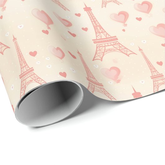 Peach Pink Hearts Chic Eiffel Tower Paris Französi Geschenkpapier (Rolleneckpunkt)