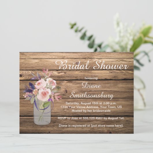 Peach Pink Lavender Wildblumen Barnwood Bridal Einladung (Stehend Vorderseite)
