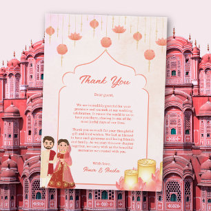 Peach Pink Lotus Lanterns Indian Couple Wedding Dankeskarte