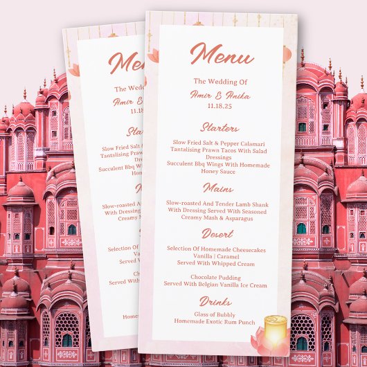 Peach Pink Lotus Lanterns Indian Wedding Menu